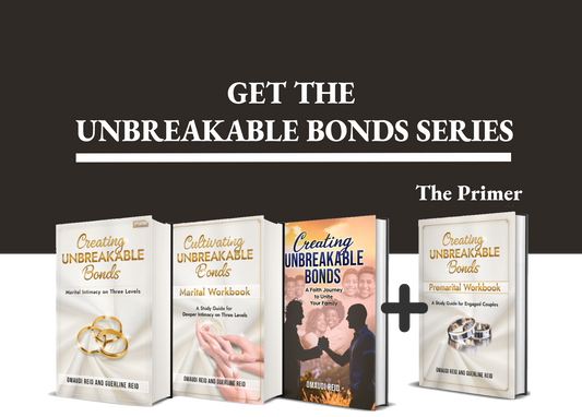 Four books from the 'Creating Unbreakable Bonds' series for married Christian couples and families, on a black background with promotional text.
